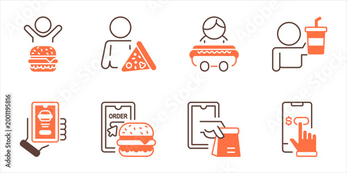Online food order workflow icon outline set customer meal selection mobile delivery tracking and payment system line illustration