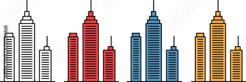 Modern skyscraper city building vector icon set featuring high rise urban architecture in colorful flat and black outline styles isolated on white background.