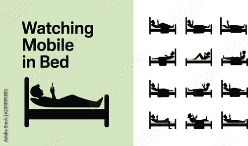 Set of black silhouettes showing people lying in bed using smartphones and mobile devices in various resting positions