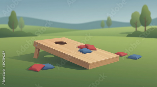 Wooden Cornhole Board and Bean Bags in a Grassy Park Illustration