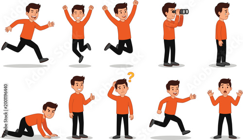 Cute Cartoon Young Man Character Collection Set in Different Action Poses Like Running Jumping Thinking Crawling and Scared Flat Style Vector Illustration on White Background