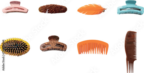 Hair accessories set with combs brushes clips and claw pins vector illustration collection beauty salon tools isolated design elements