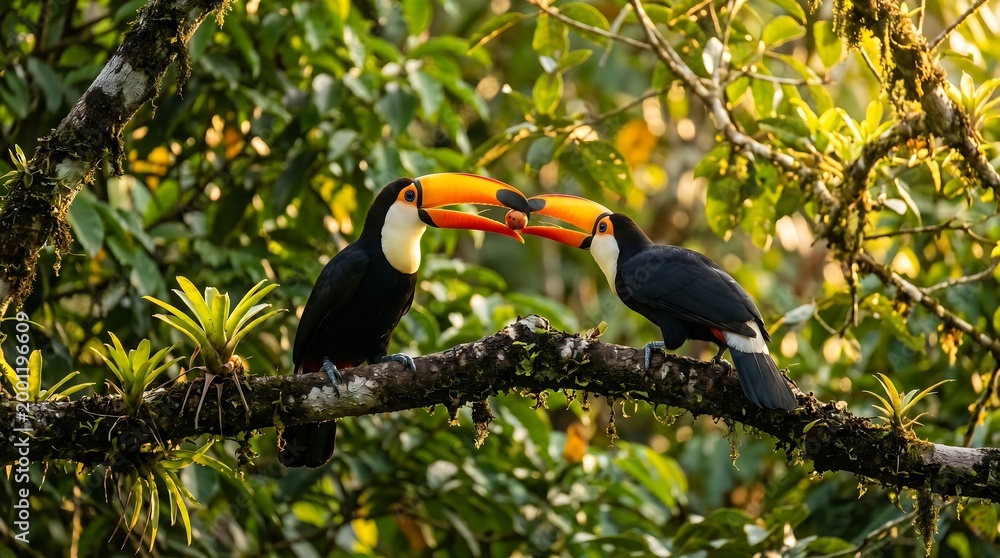 Fototapeta premium Two Toco Toucans Sharing Fruit on Mossy Branch in Tropical Rainforest