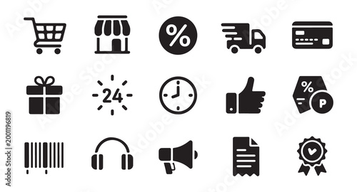 Online shopping icons including store front shipping truck credit card and discount symbols.