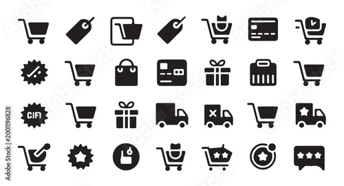 Consumer shop icons pack with market basket sale label delivery vehicle and payment options.