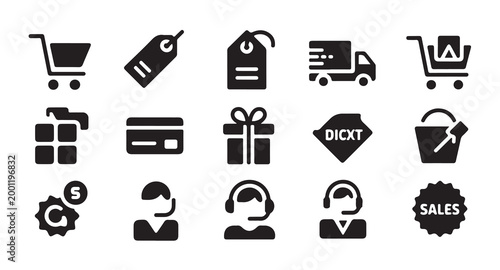 Customer service and online shopping icons featuring delivery trucks gift boxes and support.