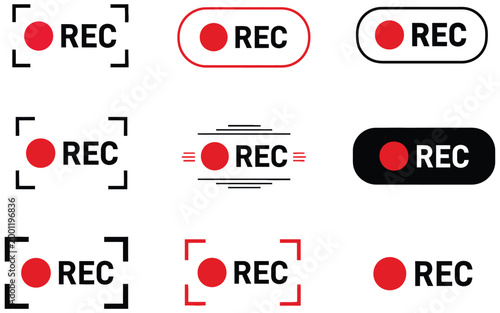 Record button icons for video recording and camera interface, flat vector symbols