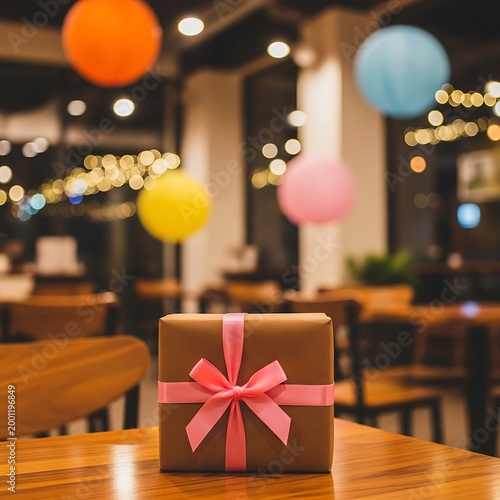 Brown gift box with pink ribbon on wooden table in cozy cafe with colorful lanterns and blurred background