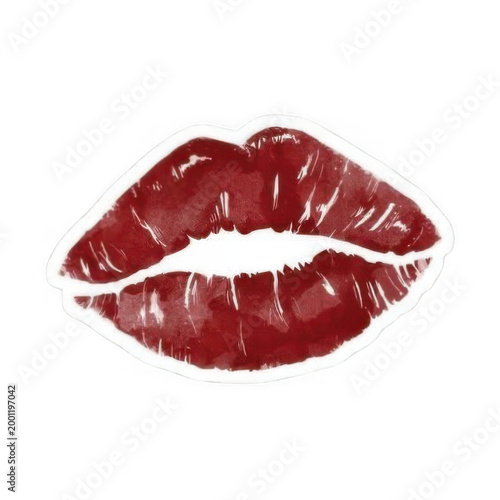 A close-up illustration of red lipstick lips on a white background