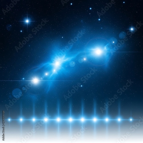 Glowing blue lights streak across a starry night sky with a row of bright dots on the horizon