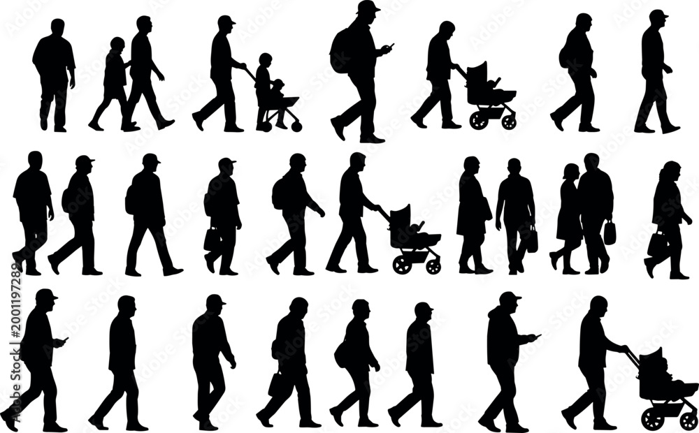 Fototapeta premium Collection of human silhouettes walking in diverse everyday poses, pairs and strollers, isolated figures on white background illustration design