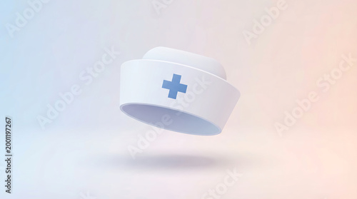 3D White Nurse Hat with Medical Blue Cross Icon