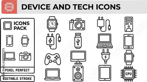 Device technology vector outline icon set for gadget manuals, electronics stores and mobile app UI assets