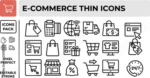 E commerce thin vector line icon set for online shopping checkout screens and retail web interface assets