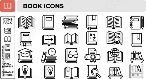 Book vector outline icon set for education websites, library catalogs and reading app interface assets