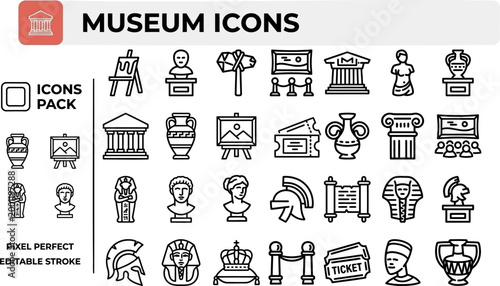 Museum icon collection in editable outline vector for cultural guides, exhibition maps, and history apps