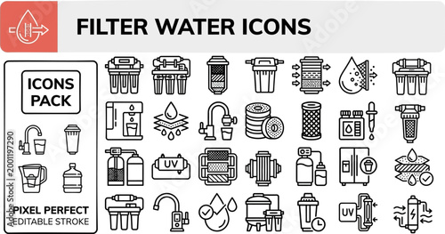 Water filtration vector outline icon set for purifier manuals plumbing services and sustainability layouts