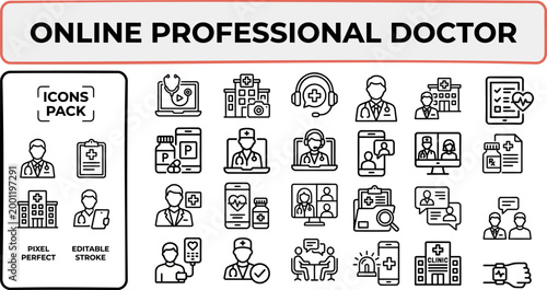 Online professional doctor icon collection in clean line vector for telemedicine platforms and clinic apps