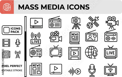 Mass media vector outline icon set for broadcast news, digital marketing and content interface layouts