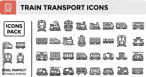 Train transport vector outline icon set for rail maps, transit schedules and ticket booking interfaces