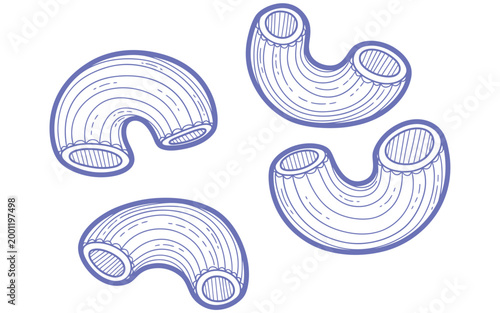 Elbow pipe fittings, blue line illustration, plumbing system components