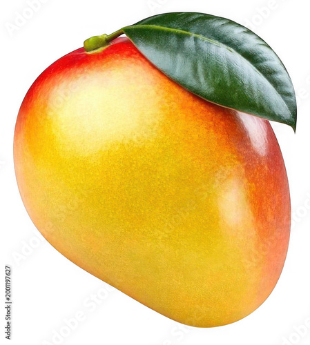 A vibrant yellow and red mango with green leaf on top