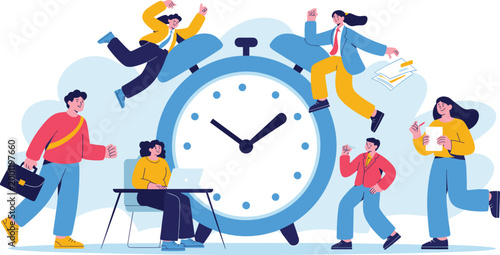 Business people working around a giant alarm clock representing time management productivity deadline scheduling and effective workflow in modern flat style