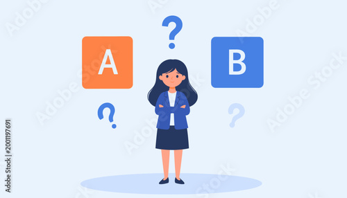 Choosing between option A and option B, a thoughtful woman stands with crossed arms, surrounded by question marks, representing decision-making and options
