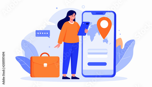 Travel planning and booking with a smartphone app and luggage, illustrating modern digital tourism and navigation services