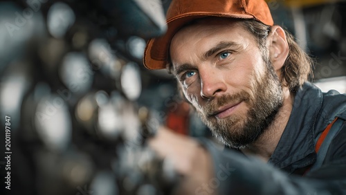 A focused professional male mechanic wearing an orange cap carefully inspecting and repairing complex industrial machinery components in a dimly lit workshop or factory setting.