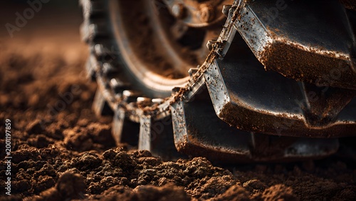 A focused male mechanic in an orange cap carefully inspecting a tractor's mechanical components, while close-up shots show heavy-duty tires working on fertile farmland soil.