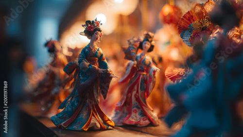 A group of beautiful traditional Asian souvenir dolls wearing intricate colorful kimonos or robes displayed in a shop with warm glowing bokeh lights in background.