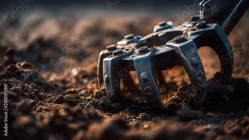 A professional close-up shot of a metal agricultural cultivator machine tilling and preparing rich, brown fertile soil for seasonal crop planting on a modern farm.