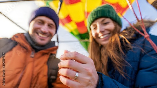 A heartwarming close-up of a couple celebrating their engagement inside a colorful hot air balloon, showcasing the diamond ring and their joyful with blurred smiles.