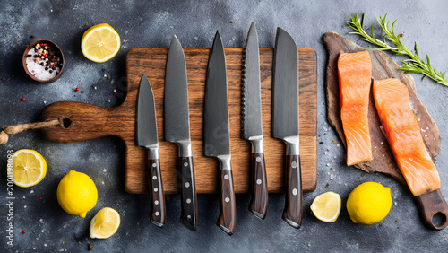 A top-down view of a professional chef knife set on a wooden board with fresh salmon fillets, lemons, and herbs for culinary food preparation.