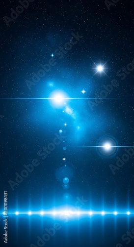 Glowing blue lights shine brightly in a dark space with a radiant beam of light