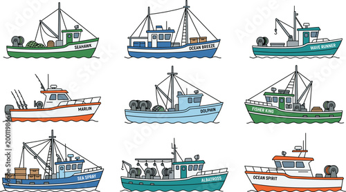 Cartoon Commercial Fishing Boat and Trawler Collection Set with Various Vessels on Ocean Waves Outline Style Vector Illustration on White Background