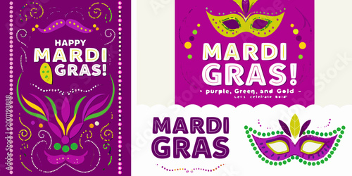 mardi gras celebration posters with masks and festive designs