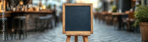 Blank wooden chalkboard on a small easel standing on a cobblestone walkway outside a cozy, inviting bistro with blurred bar stools, tables and warm ambient lighting
