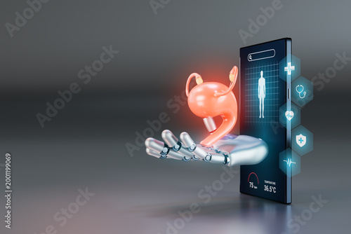 Foto Smartphone with a robotic hand emerging from the screen holding a uterus, women's health app, AI-powered gynecology, telemedicine, digital diagnosis, advanced reproductive care