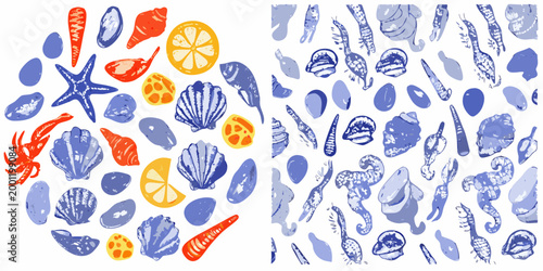 seafood collection with shells and starfish in blue tones