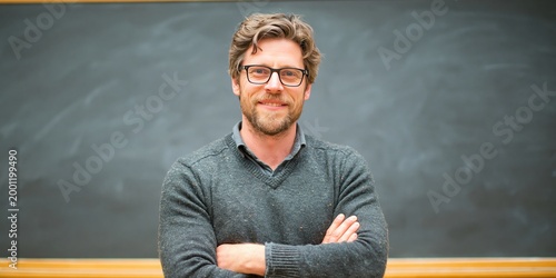 Photo of professor standing in front of chalkboard, 