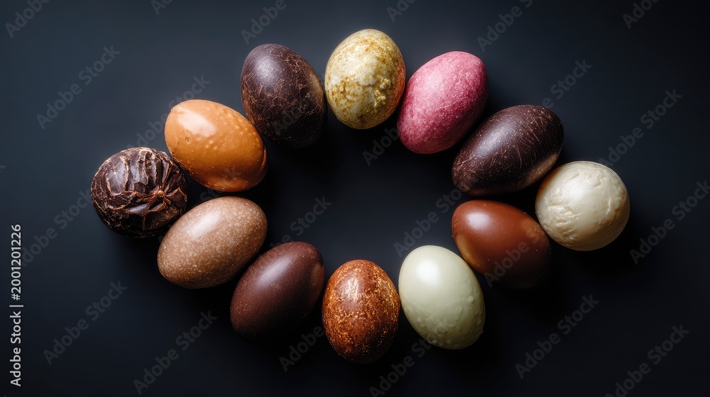 Obraz premium Colorful Arrangement of Assorted Chocolate Eggs on Dark Background for Easter Celebration and Seasonal Treats Photography