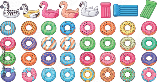 Foto Inflatable pool float collection with donuts animals and air mattresses vector i