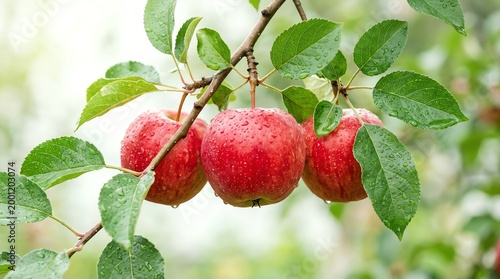 Fresh Red Apples Hanging on Tree with Dewdrops in Orchard