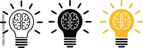 Creative brain lightbulb icon set representing innovation inspiration intelligence and big idea concepts in outline solid and colorful styles