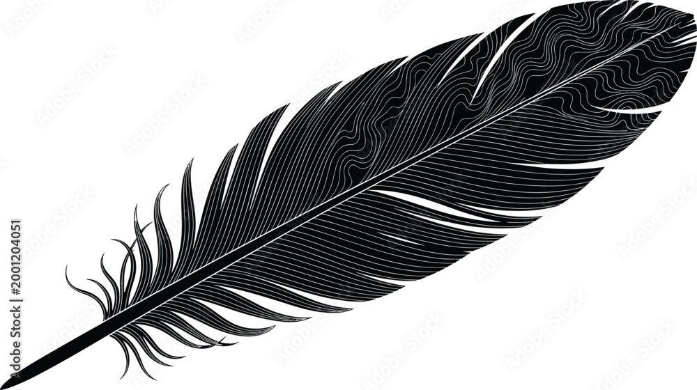 Fototapeta premium Detailed black silhouette of a single bird feather, elegant design on white background.