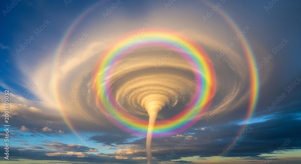 Fototapeta premium Spectacular Tornado with Vibrant Rainbow and Cloud Formation in the Sky.