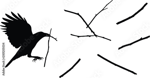 Silhouette of crow flying with twig in beak, surrounded by scattered branches, for creative projects.