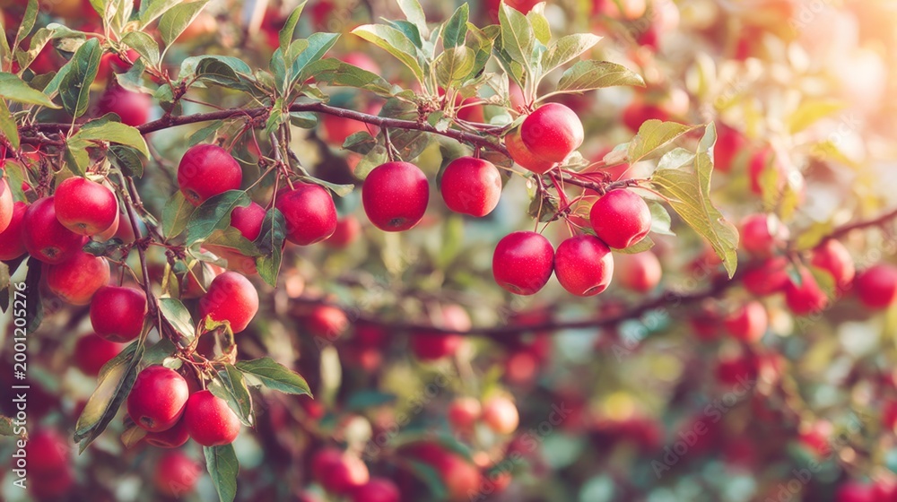 Obraz premium Abundant Red Apples on a Branch Surrounded by Green Leaves in a Sunlit Orchard Conveying Freshness and Natural Beauty of the Harvest Season